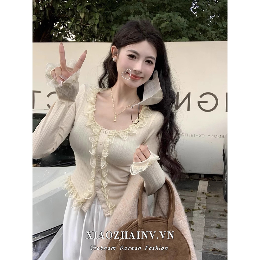 Xiaozhainv Áo sweater Dệt Kim Tay Dài Dáng Ôm Phối Ren 4 Màu Sắc Xinh Xắn Phong Cách Hàn Quốc Dành Cho Nữ