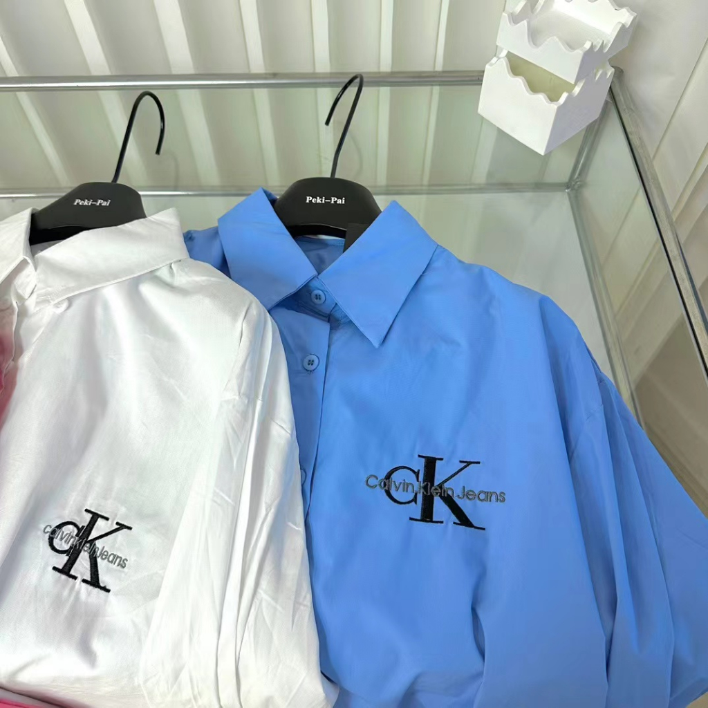 CK Áo Sơ Mi Nữ Tay Dài Dáng Rộng Có Thêu Chữ Phong Cách Âu Mỹ