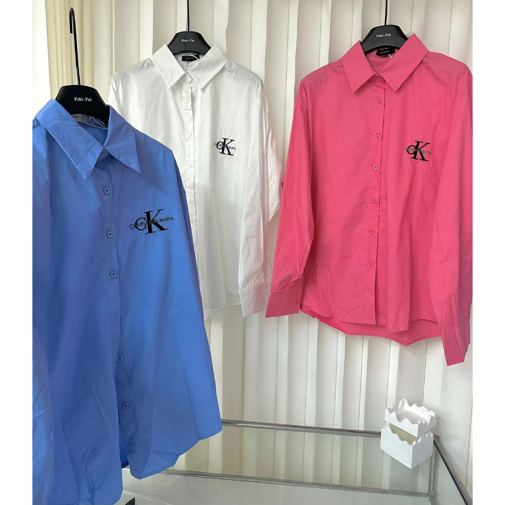 CK Áo Sơ Mi Nữ Tay Dài Dáng Rộng Có Thêu Chữ Phong Cách Âu Mỹ
