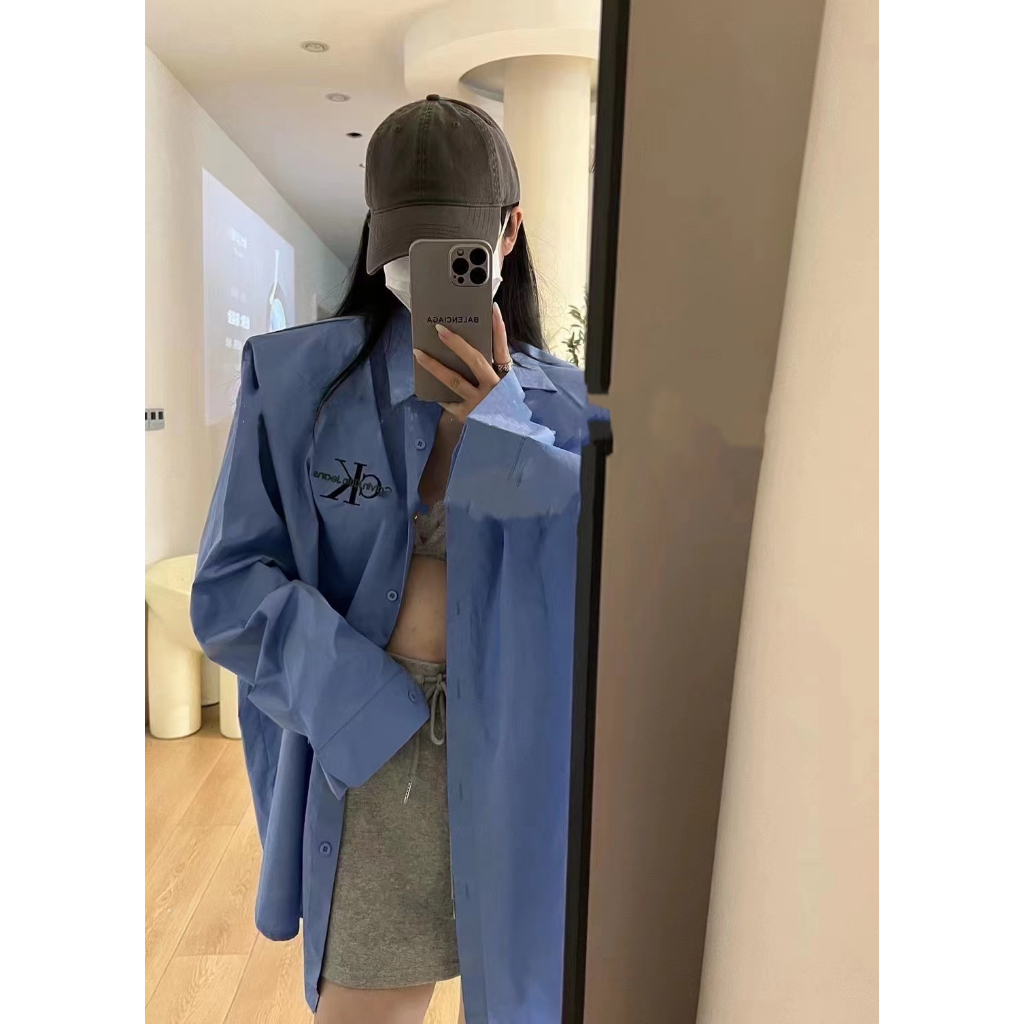 CK Áo Sơ Mi Nữ Tay Dài Dáng Rộng Có Thêu Chữ Phong Cách Âu Mỹ