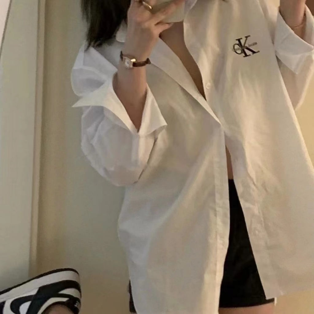 CK Áo Sơ Mi Nữ Tay Dài Dáng Rộng Có Thêu Chữ Phong Cách Âu Mỹ