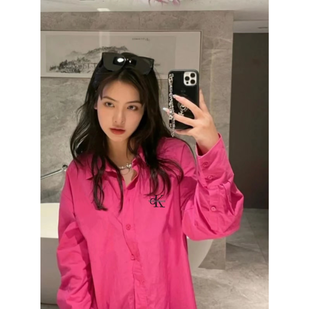 CK Áo Sơ Mi Nữ Tay Dài Dáng Rộng Có Thêu Chữ Phong Cách Âu Mỹ