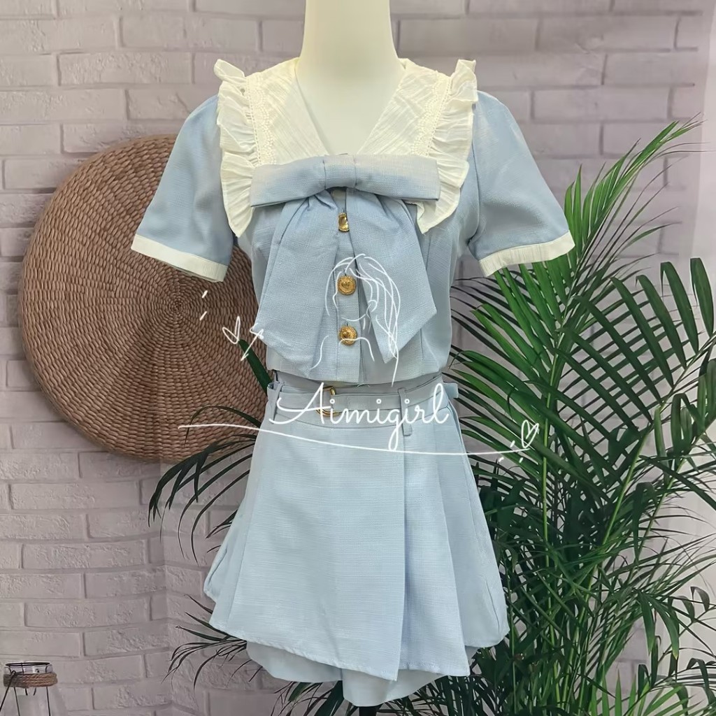 Set Áo Sơ Mi Thắt Nơ Cổ + Chân Váy Xếp Ly Lưng Cao Phong Cách Retro Pháp Mới