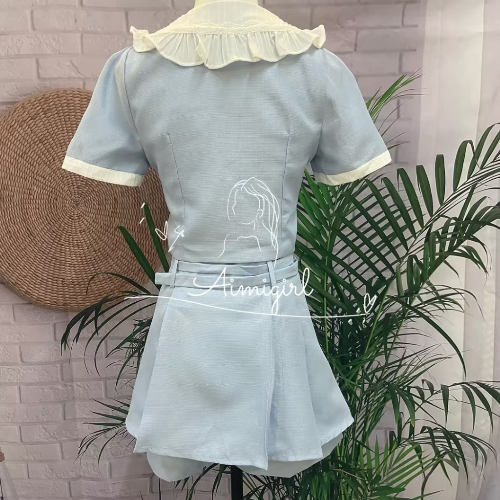 Set Áo Sơ Mi Thắt Nơ Cổ + Chân Váy Xếp Ly Lưng Cao Phong Cách Retro Pháp Mới