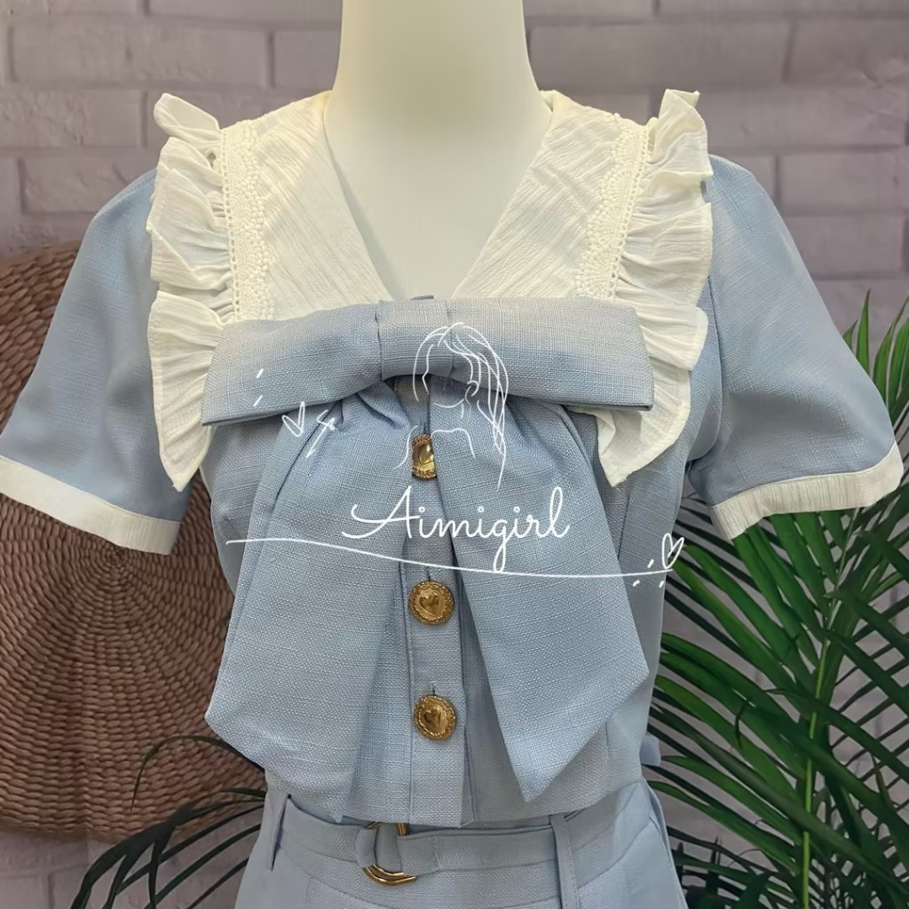 Set Áo Sơ Mi Thắt Nơ Cổ + Chân Váy Xếp Ly Lưng Cao Phong Cách Retro Pháp Mới