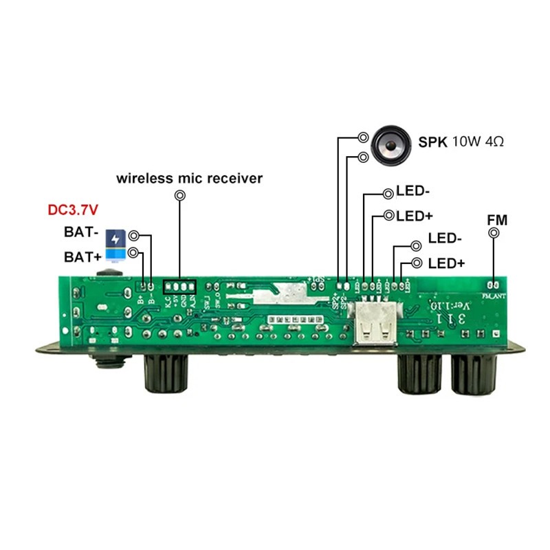 Bảng Mạch Khuếch Đại Âm Thanh 10w bluetooth 5.0 mp3 3.7v diy Có Thể Sạc Lại Mô-Đun mp3 fm rgb tf usb mic Thu Âm