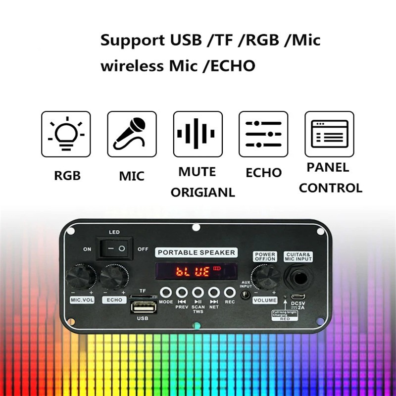 Bảng Mạch Khuếch Đại Âm Thanh 10w bluetooth 5.0 mp3 3.7v diy Có Thể Sạc Lại Mô-Đun mp3 fm rgb tf usb mic Thu Âm