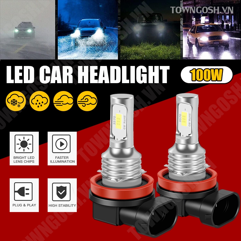 Set 2 Đèn Pha LED 6000K 7000LM 100W H16 H11 H9 H8 Chống Thấm Nước ắp pha ô tô dạng chùm siêu sáng tự động