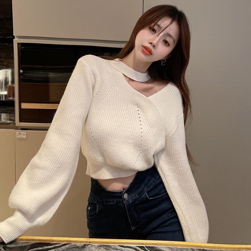 ZHELIHANGFEI Áo Len Áo Croptop Nữ Tay Dài Trễ Vai Phong Cách Giáng Sinh