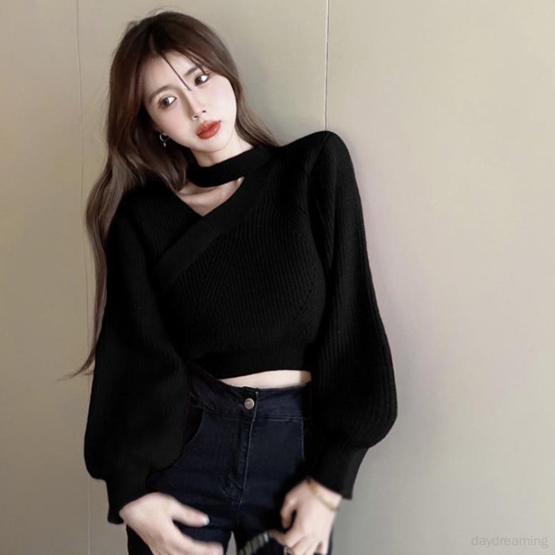 ZHELIHANGFEI Áo Len Áo Croptop Nữ Tay Dài Trễ Vai Phong Cách Giáng Sinh