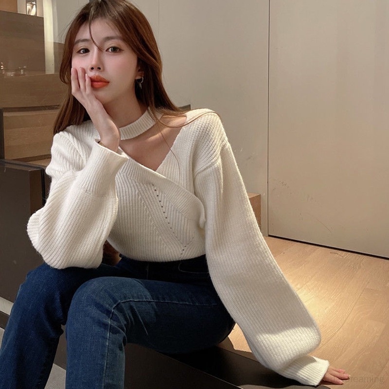 ZHELIHANGFEI Áo Len Áo Croptop Nữ Tay Dài Trễ Vai Phong Cách Giáng Sinh