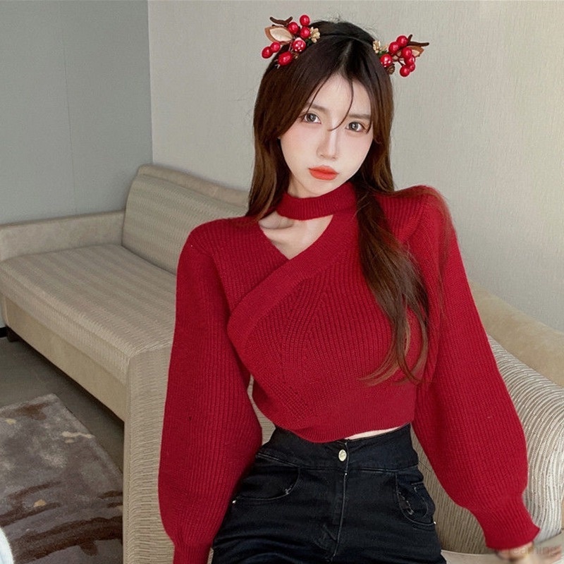ZHELIHANGFEI Áo Len Áo Croptop Nữ Tay Dài Trễ Vai Phong Cách Giáng Sinh