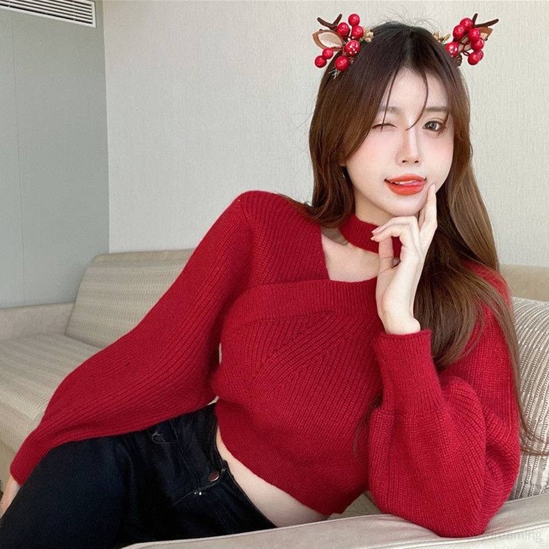 ZHELIHANGFEI Áo Len Áo Croptop Nữ Tay Dài Trễ Vai Phong Cách Giáng Sinh