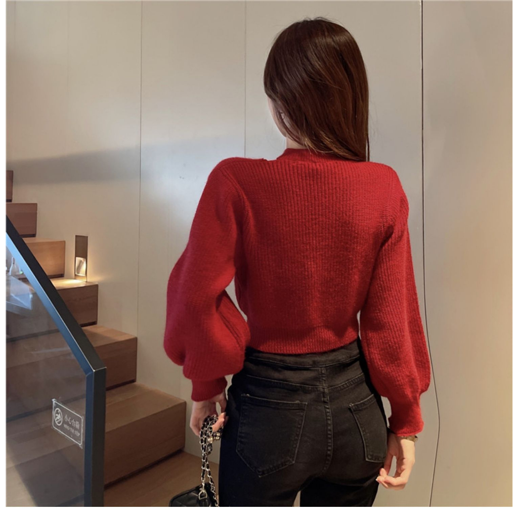 ZHELIHANGFEI Áo Len Áo Croptop Nữ Tay Dài Trễ Vai Phong Cách Giáng Sinh