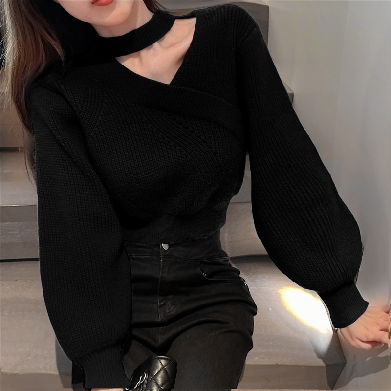 ZHELIHANGFEI Áo Len Áo Croptop Nữ Tay Dài Trễ Vai Phong Cách Giáng Sinh