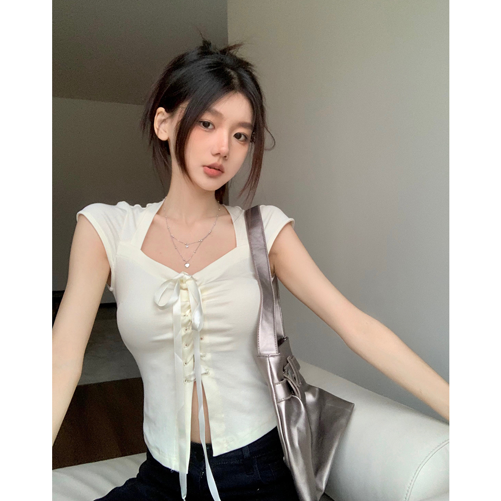 Áo Croptop Cổ Vuông Cột Dây Tay Ngắn Màu Trơn Thời Trang Mùa Hè Quyến Rũ Cho Nữ