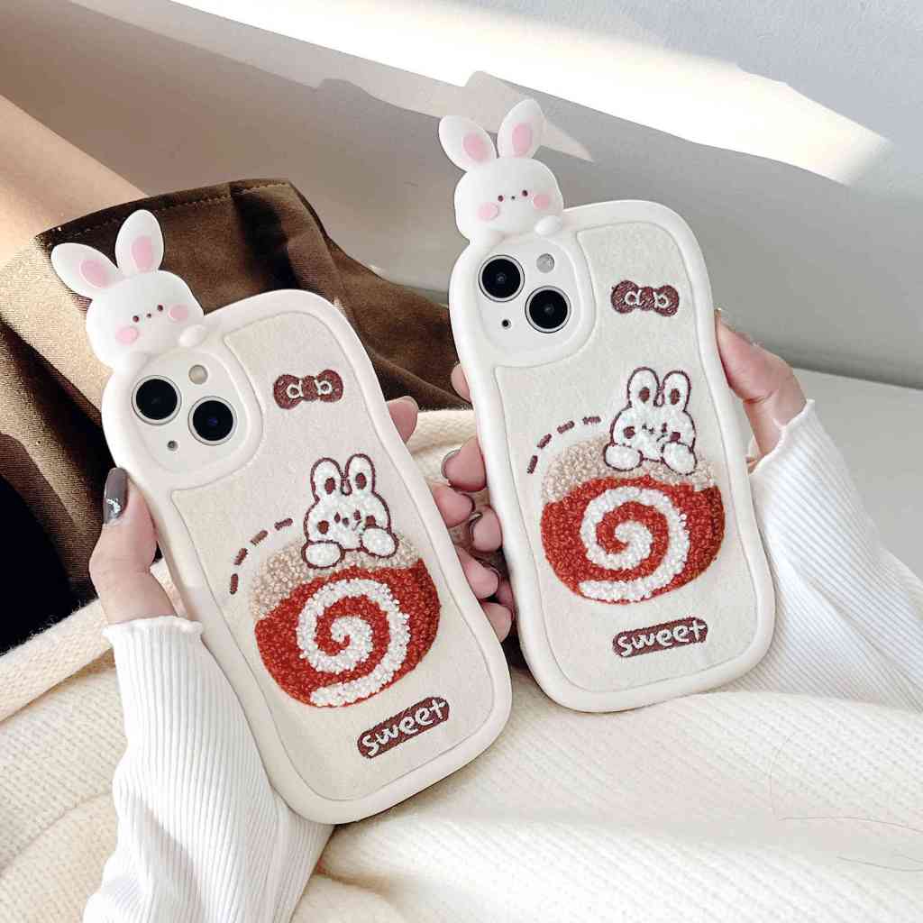 Ốp Điện Thoại Thêu Hình Thỏ Và Bánh Kem Cho iphone 15pro max 14pro max 11 12 13pro 12 pro max