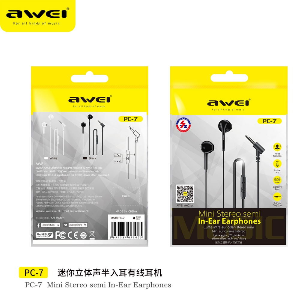 Tai Nghe Nhét Tai Có Dây jack 3.5mm awei pc-7 / 6 / 1t Mua 1 Tặng 1