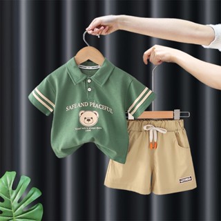 Bộ kết hợp giao hàng nhanh sọc nam mùa hè tương phản áo sơ mi polo ngắn tay kẻ sọc nam quần short thường ngày