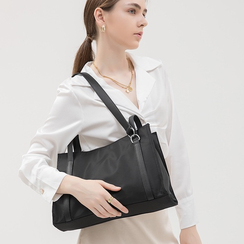 Iconzero Thời Trang Đơn Giản Nữ Dây Kéo Túi Tote Cao Cấp Nylon Nách Túi Phù Hợp Với Màu Đen Lớn-Cap