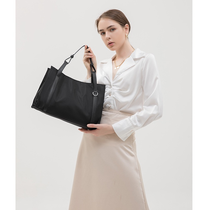 Iconzero Thời Trang Đơn Giản Nữ Dây Kéo Túi Tote Cao Cấp Nylon Nách Túi Phù Hợp Với Màu Đen Lớn-Cap