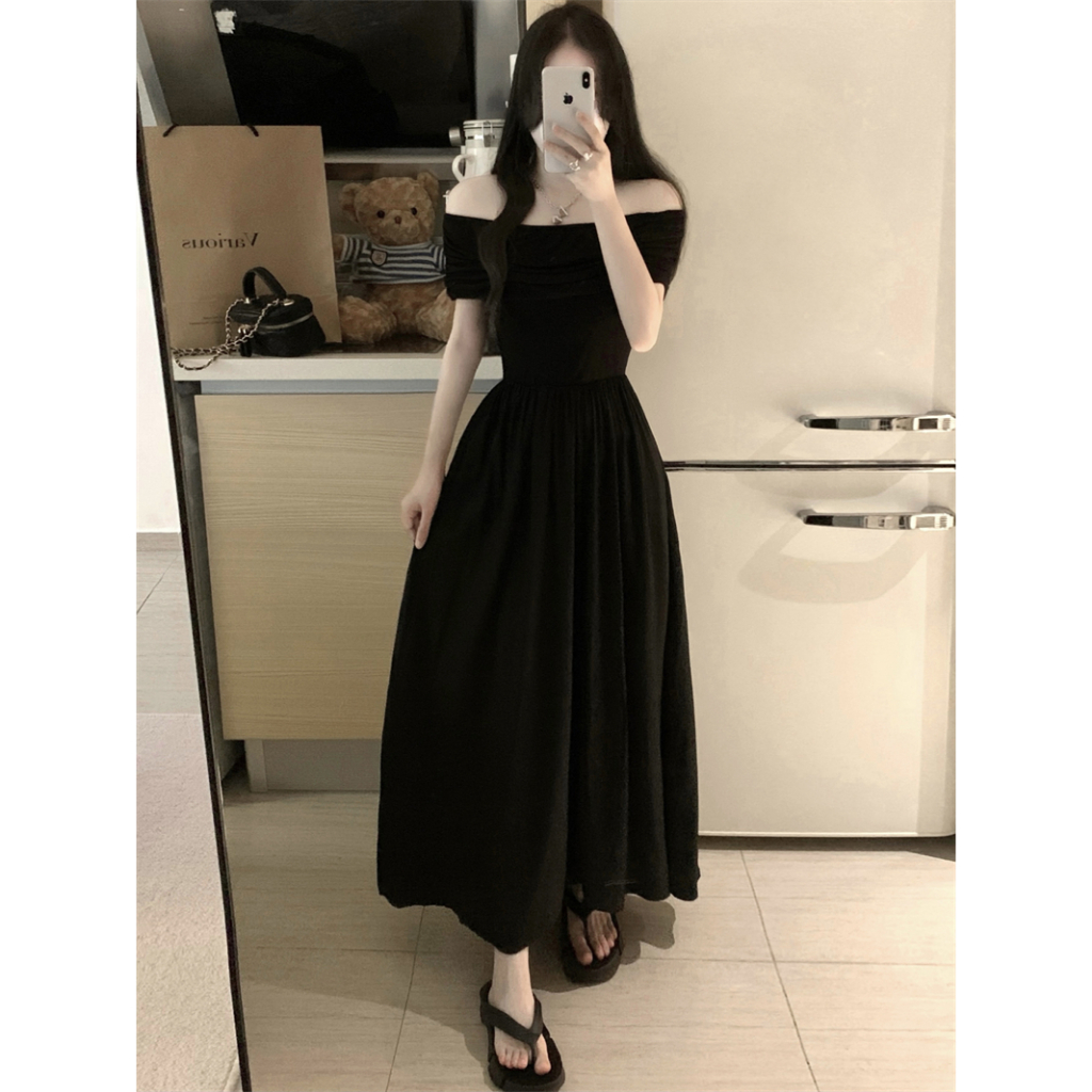 Liasynn Đầm Dài Dáng Chữ a Cao Cấp Hở Vai Màu Đen Trơn Phong Cách Pháp Cho Nữ
