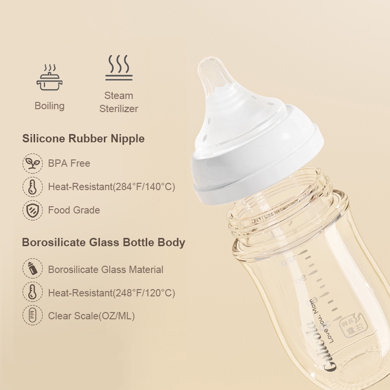 GUGU Bình Sữa Thuỷ Tinh mô phỏng tự nhiên cho bé từ 0 tháng+, 80ml/160ml