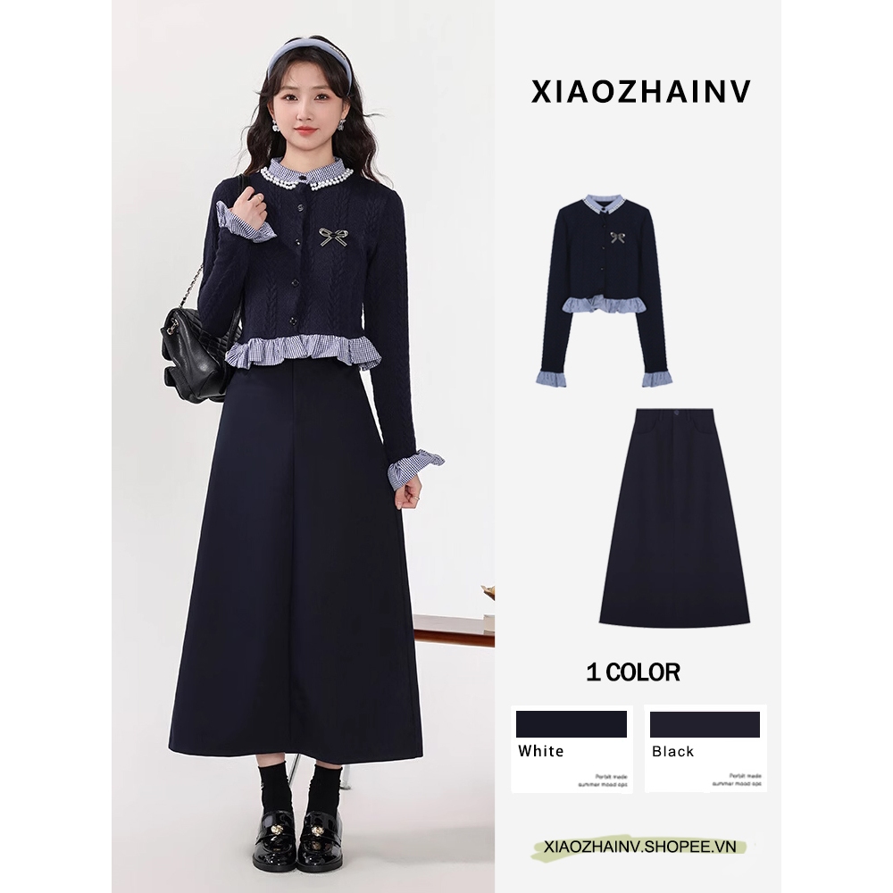 Xiaozhainv set Áo cardigan Dệt Kim Tay Dài + Chân Váy Ôm Eo Cao midi Hàn Quốc Cho Nữ