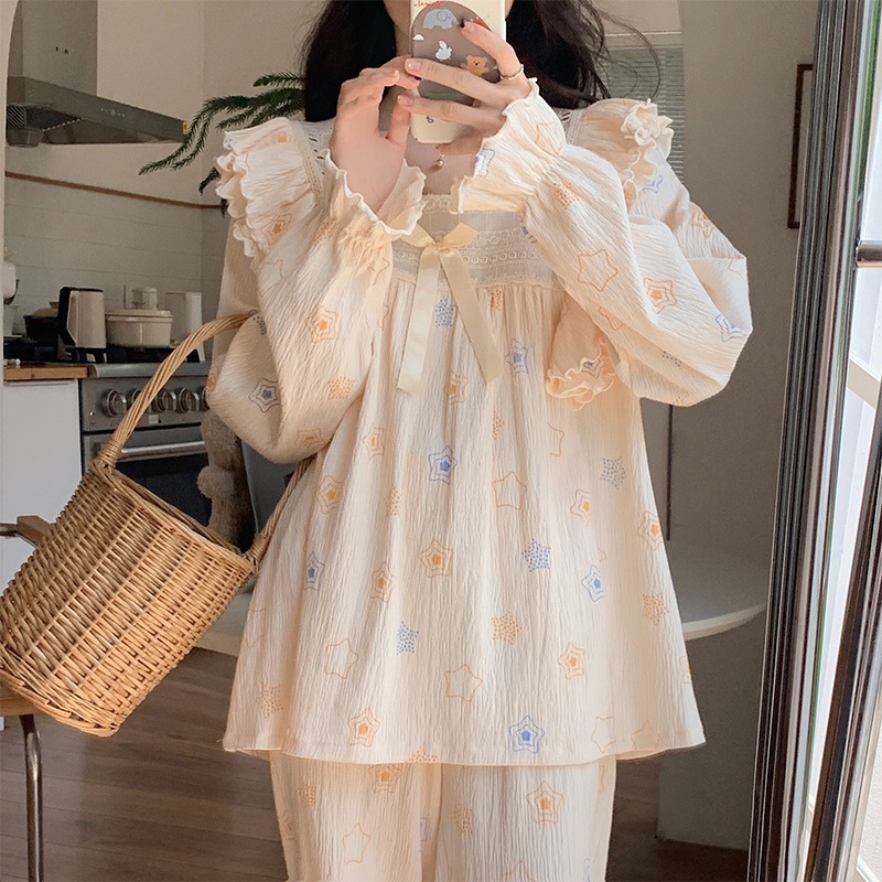 Yuyureal Bộ Đồ Ngủ nữ mùa đông Dài Tay Pijama Dễ Thương Phối Ren Dáng Rộng Phong Cách Công Chúa