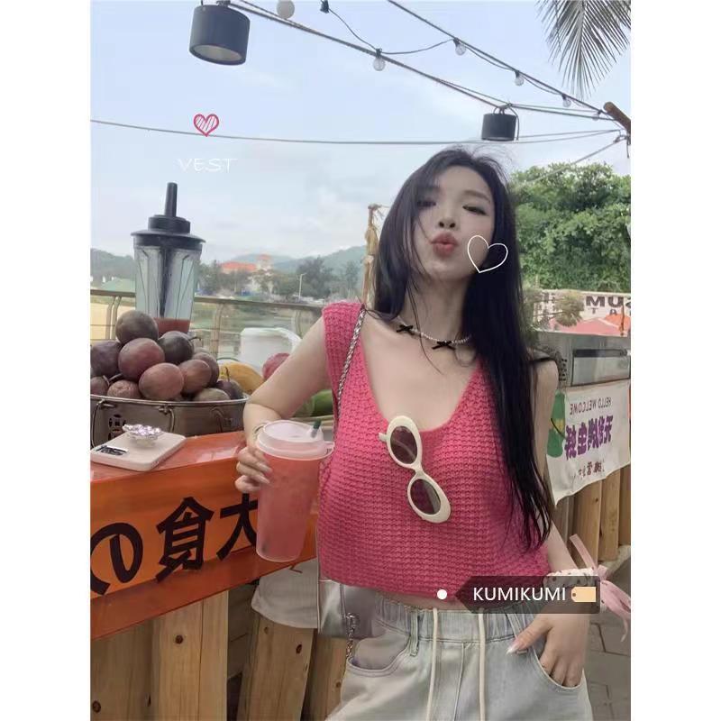 Áo Hai Dây Dệt Kim Lụa Lạnh Màu Đỏ Hồng Thời Trang Mùa Hè