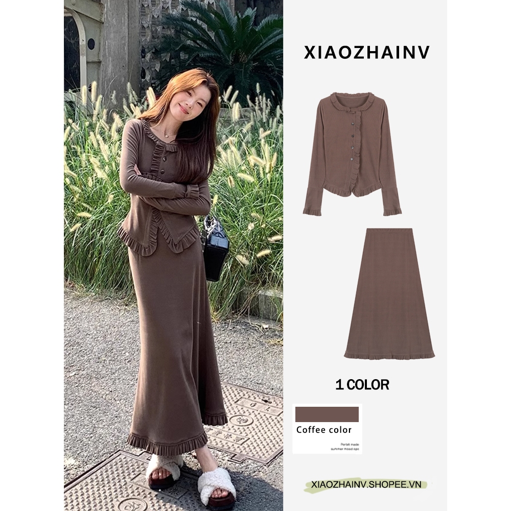 Xiaozhainv Bộ Áo Tay Dài + Chân Váy midi Lưng Cao Thời Trang Hàn Quốc Cho Nữ