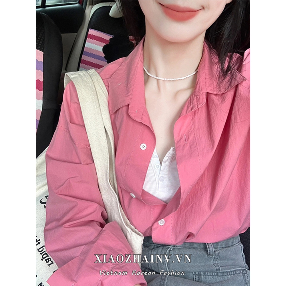 Xiaozhainv Áo Sơ Mi Tay Dài oversized Cổ polo Màu Hồng Thời Trang Mùa Thu Cho Nữ