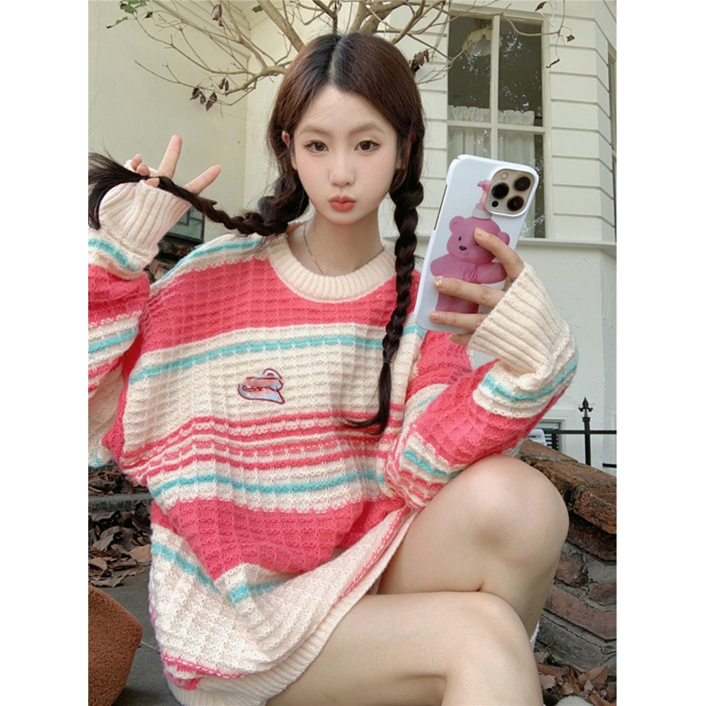 Yeya Áo sweater Dáng Rộng Cổ Tròn Kẻ Sọc Thời Trang Thu Đông Cho Nữ