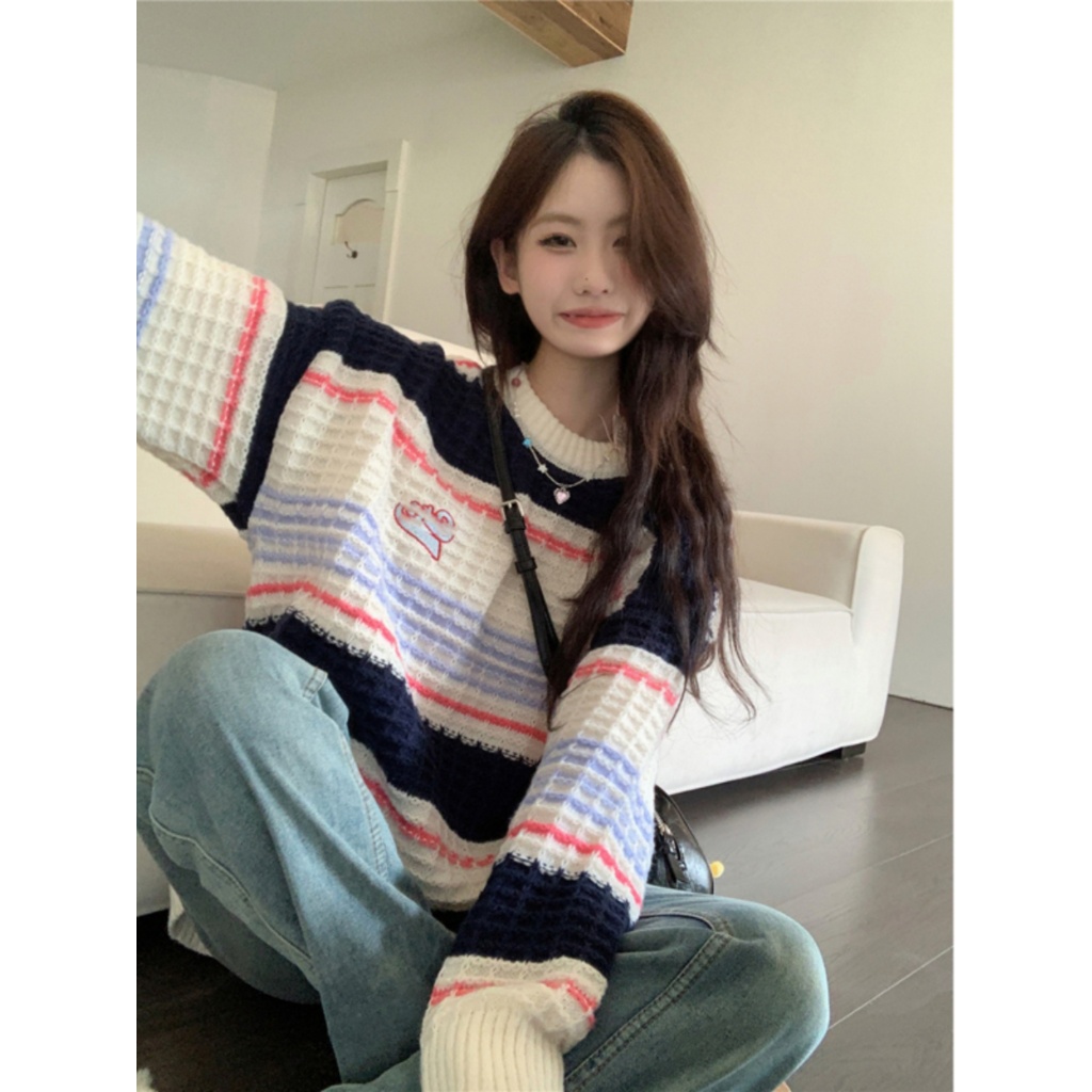Yeya Áo sweater Dáng Rộng Cổ Tròn Kẻ Sọc Thời Trang Thu Đông Cho Nữ
