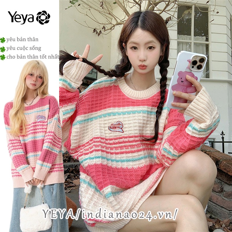 Yeya Áo sweater Dáng Rộng Cổ Tròn Kẻ Sọc Thời Trang Thu Đông Cho Nữ