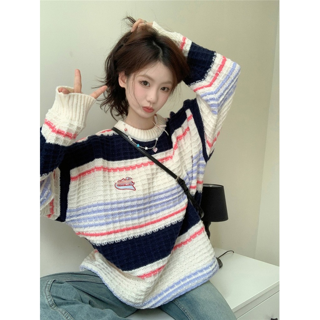 Yeya Áo sweater Dáng Rộng Cổ Tròn Kẻ Sọc Thời Trang Thu Đông Cho Nữ