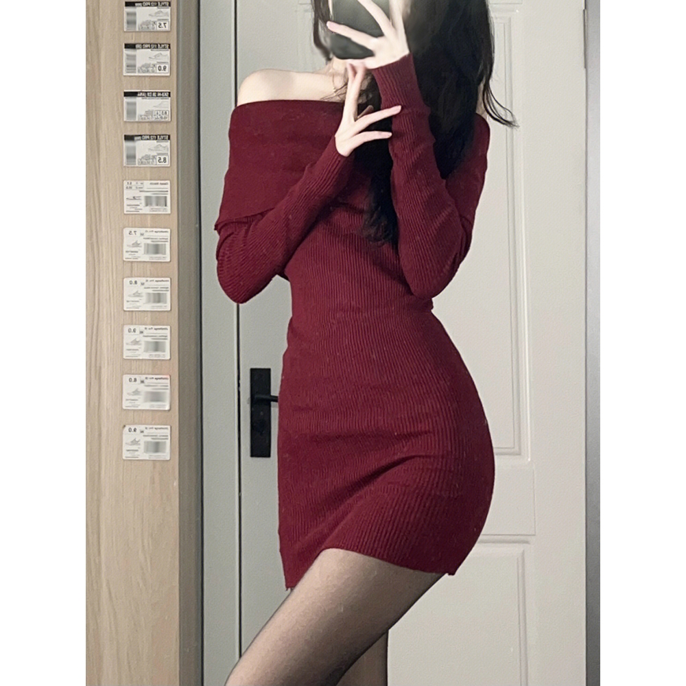 Tingyaxiu Đầm Ôm Trễ Vai Tay Dài Màu Đen Quyến Rũ Cho Nữ