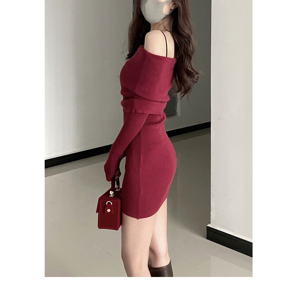 Tingyaxiu Đầm Ôm Trễ Vai Tay Dài Màu Đen Quyến Rũ Cho Nữ