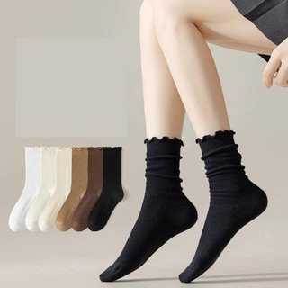 FHYL Vớ cotton Mềm Cổ Cao Viền Gỗ Màu Trắng Trơn Thời Trang Hàn Quốc Cho Nữ
