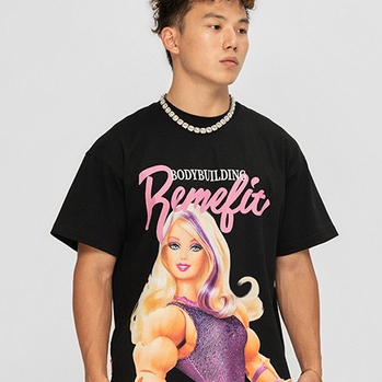 R remefit Áo Thun Thể Thao cotton Tay Ngắn Dáng Rộng In Chữ barbie Màu Trơn Thời Trang Cho Nam Và Nữ