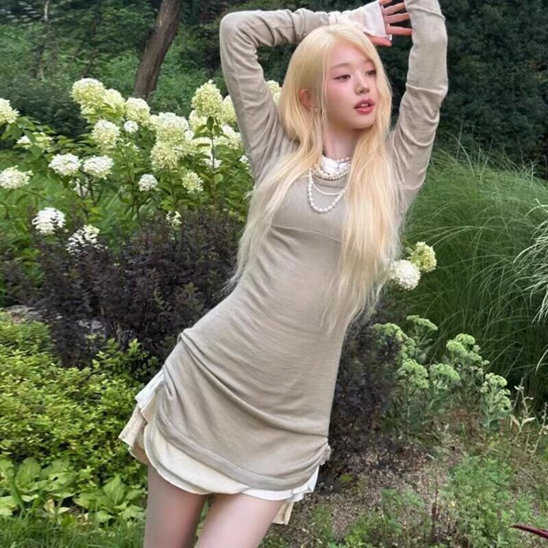 Ive jang won young Áo Thun Tay Dài Cổ Tròn Giả Hai Lớp Phối Váy Xếp Ly Dây Rút Thời Trang Trẻ Trung