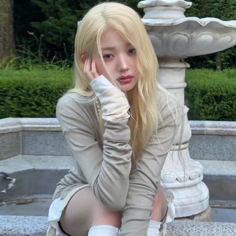 Ive jang won young Áo Thun Tay Dài Cổ Tròn Giả Hai Lớp Phối Váy Xếp Ly Dây Rút Thời Trang Trẻ Trung