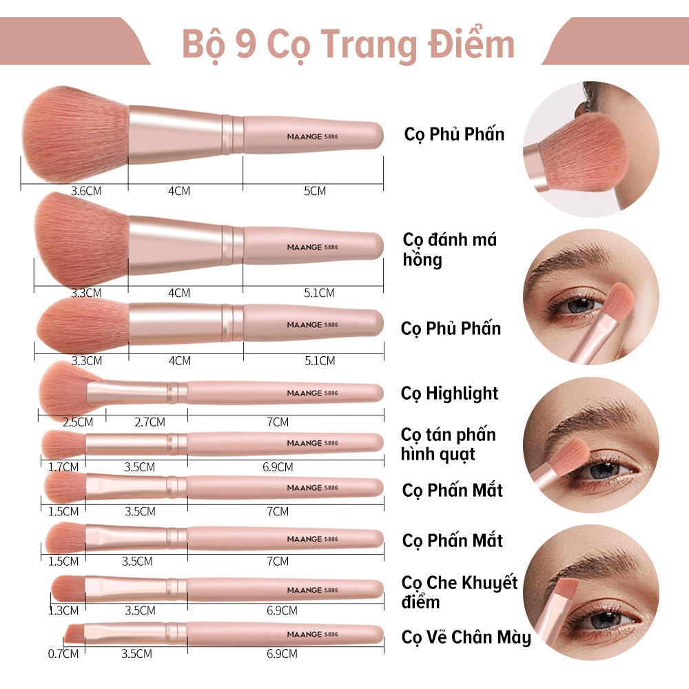 Set 9 cọ trang điểm MAANGE lông siêu mềm nhỏ gọn đánh phấn mắt chất lượng cao