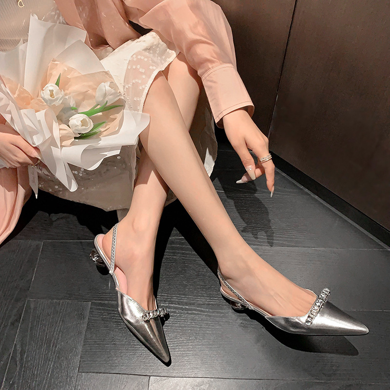 BAILUDAREN.Xăng đan Da Bóng Mũi Nhọn Hở Ngón Màu Hồng Bạc Thời Trang Mùa Hè Cho Nữ