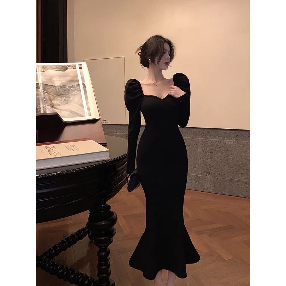 Đầm Đuôi Cá Tay Dài Màu Đen Phong Cách Pháp Thời Trang Cao Cấp Cho Nữ
