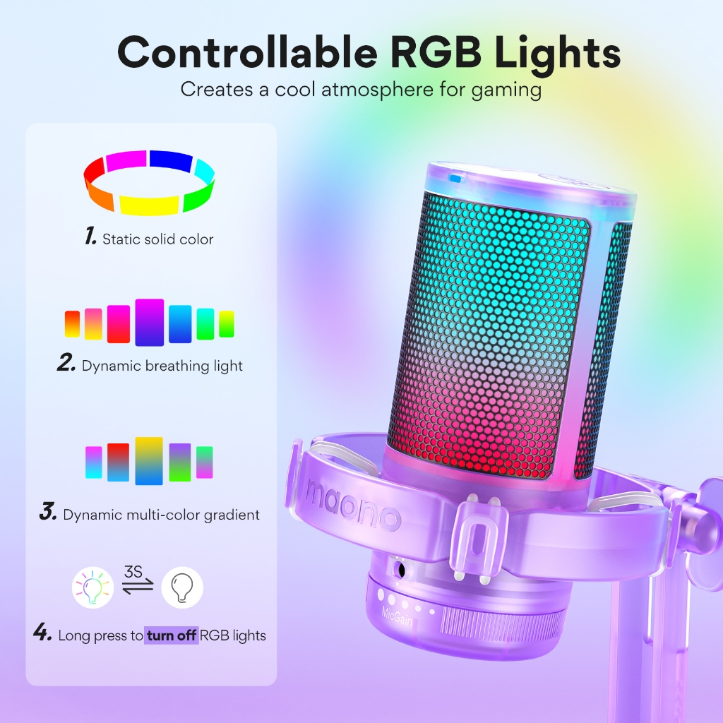 Maono DGM20 Crystal Purple Phiên bản RGB USB Micrô chơi game với phần mềm giảm tiếng ồn, nút điều khiển khuếch đại cho PC, điện thoại, phát trực tuyến, ghi âm, Podcast, trò chuyện, Twitch, YouTube, PS5, PS4