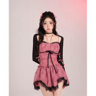 Set Bồ Váy Đầm Hai Dây In Họa Tiết Hoa Hồng Đen Kèm Khoác Ren Dáng Croptop Dễ thương cá tính cho nữ