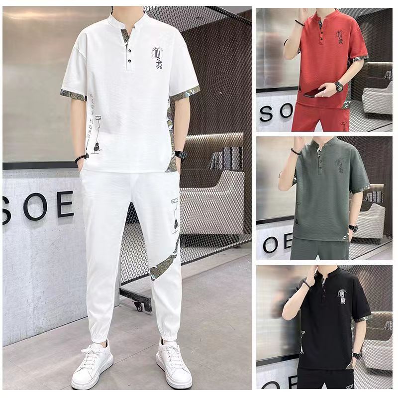 Set Áo Thun Ngắn Tay Và Quần Dài Ống Rộng Phong Cách Trung Hoa Cổ Điển Size m-4xl Thời Trang Cho Nam