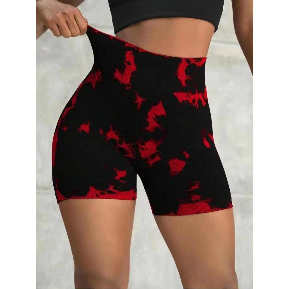 Seamless tie-dye sports skinny three-point pants women / high waist hip-lifting abdomen tie-bleach