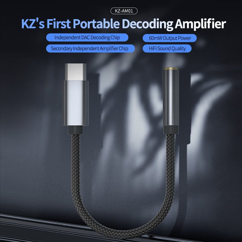 KZ AM01 Type-C to 3.5mm Audio Adapter 32bit/384kHz Hi-Fi DAC + IC Amplifier Dual Chip Earphone Audio Cable